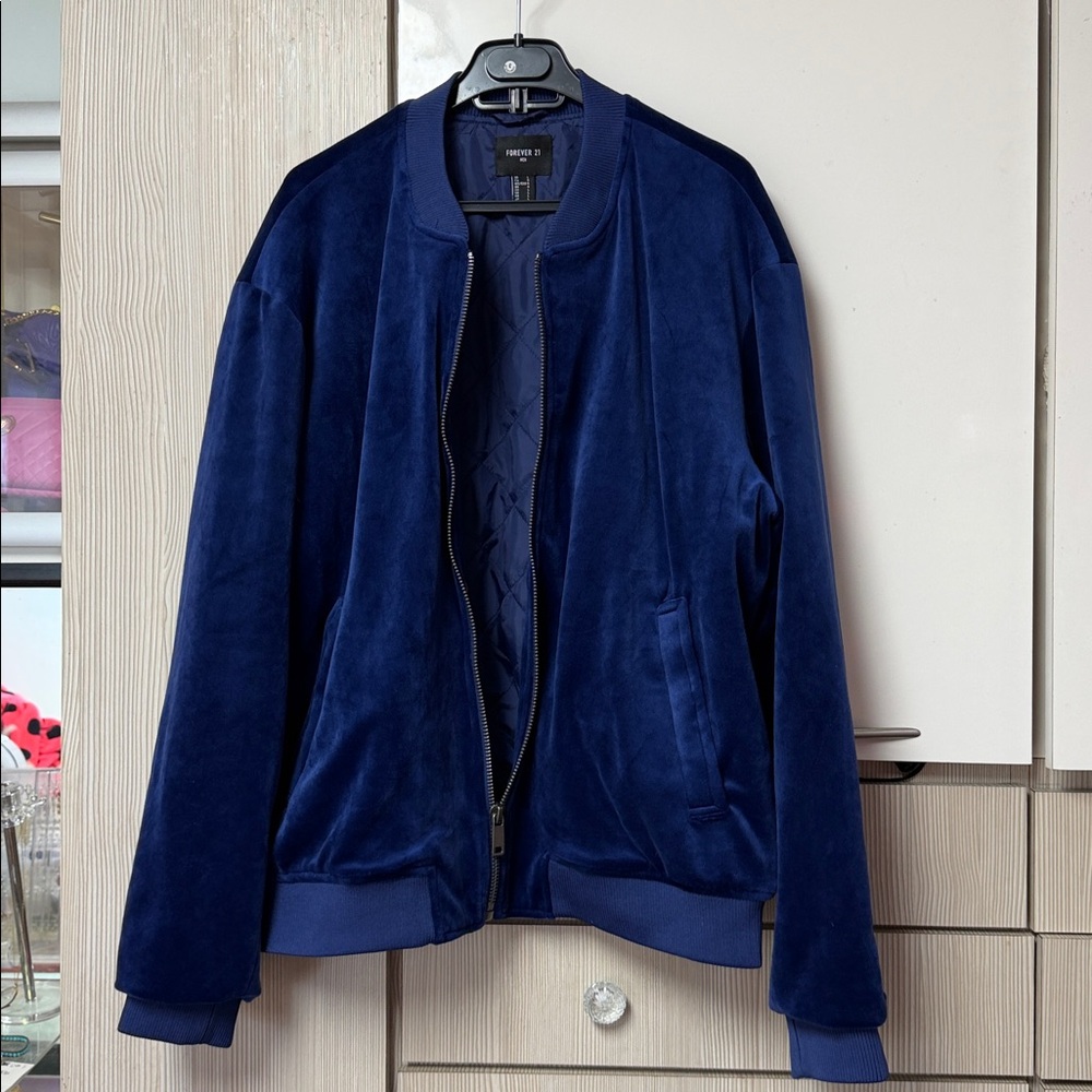 Navy Blue velvet bomber jacket - Picture 4 of 8